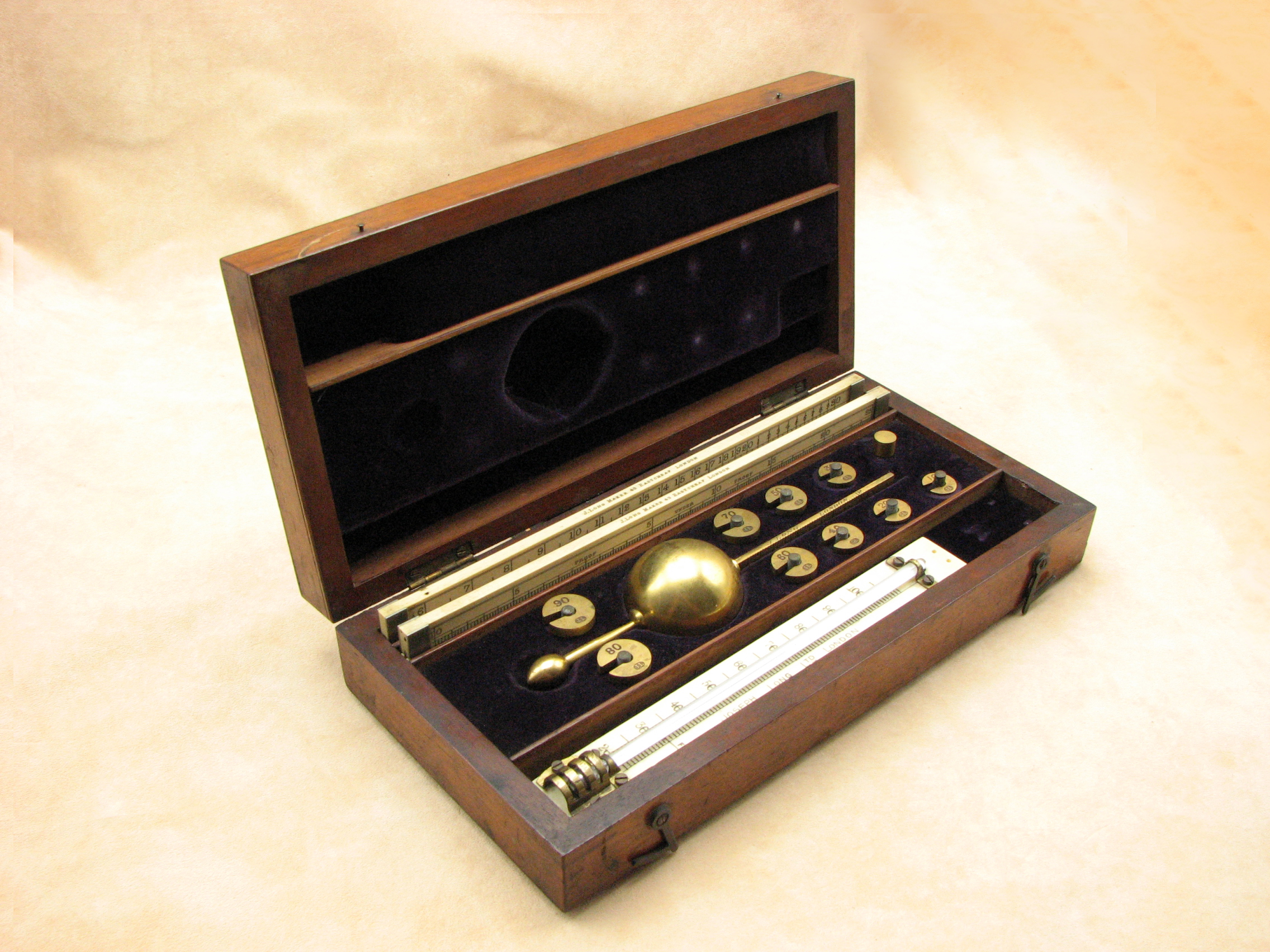 Exceptional 19th century Sikes Hydrometer set by Joseph Long, 43 Eastcheap